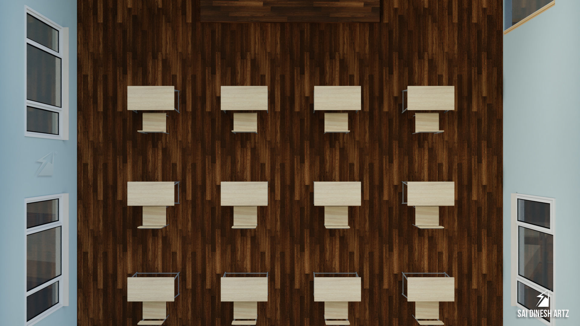 Classroom with chairs and blackboard Low-poly 3D model_3