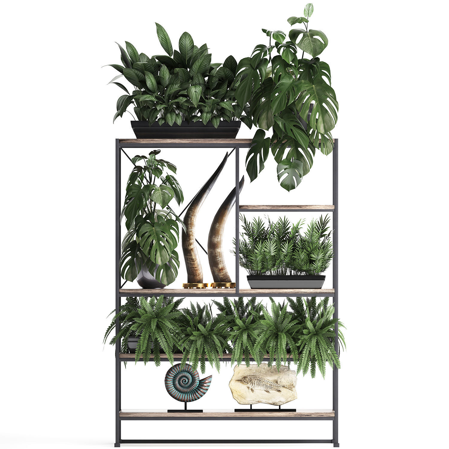 Shelf rack with decor and plants 3D model_1