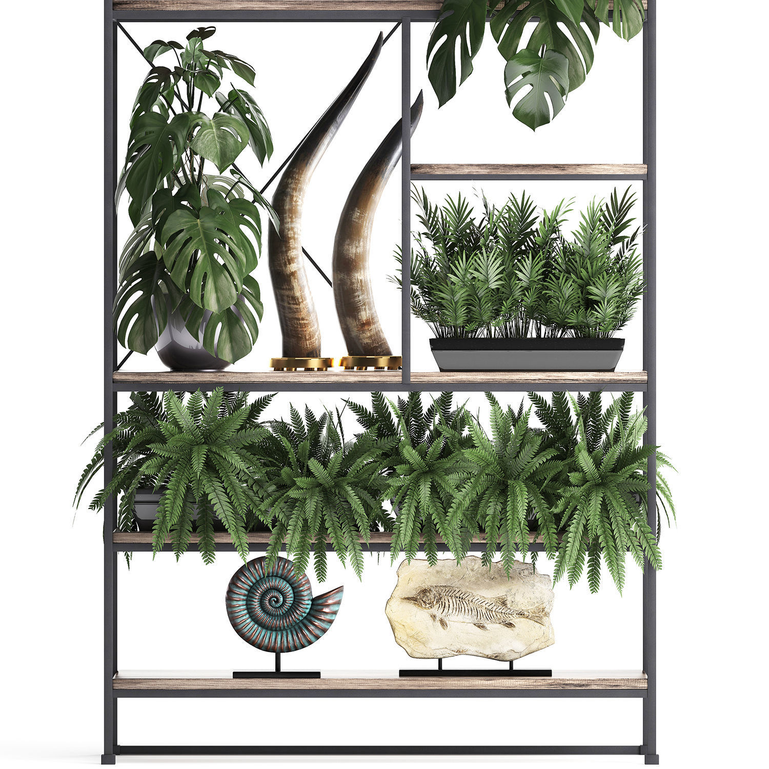 Shelf rack with decor and plants 3D model_3