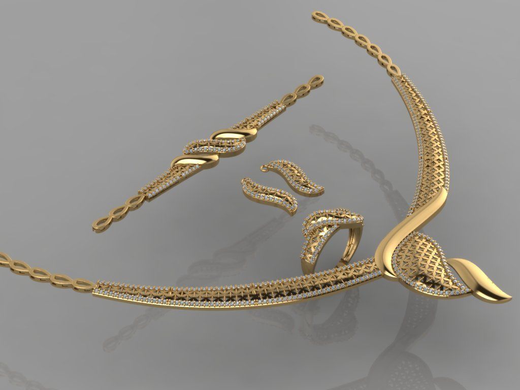 GC GOLD S0010 - Diamond necklace earring ring bracelet gold set 3D print model_2