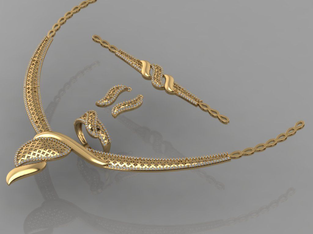 GC GOLD S0010 - Diamond necklace earring ring bracelet gold set 3D print model_1