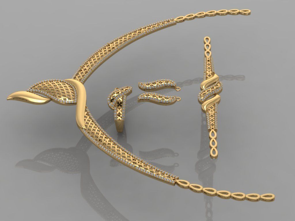 GC GOLD S0010 - Diamond necklace earring ring bracelet gold set 3D print model_3