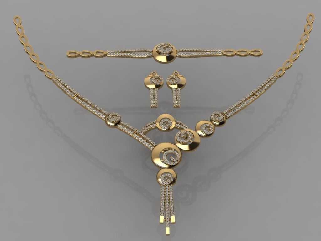 GC GOLD S0011 - Diamond necklace earring ring bracelet gold set 3D print model_2