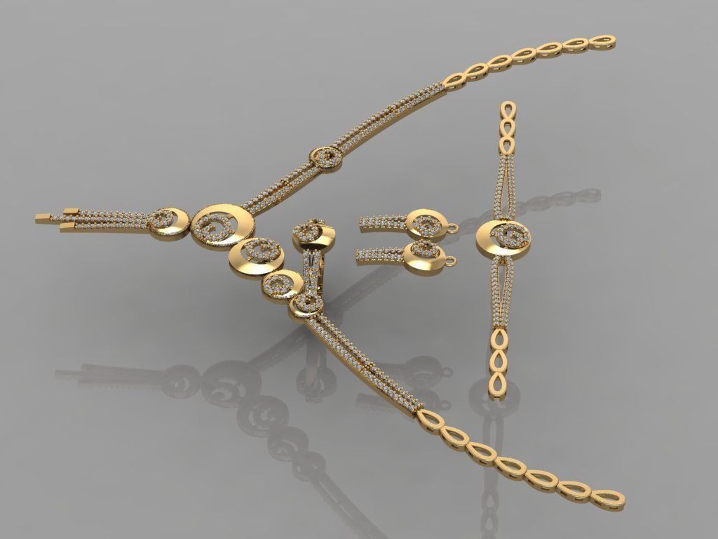 GC GOLD S0011 - Diamond necklace earring ring bracelet gold set 3D print model_3