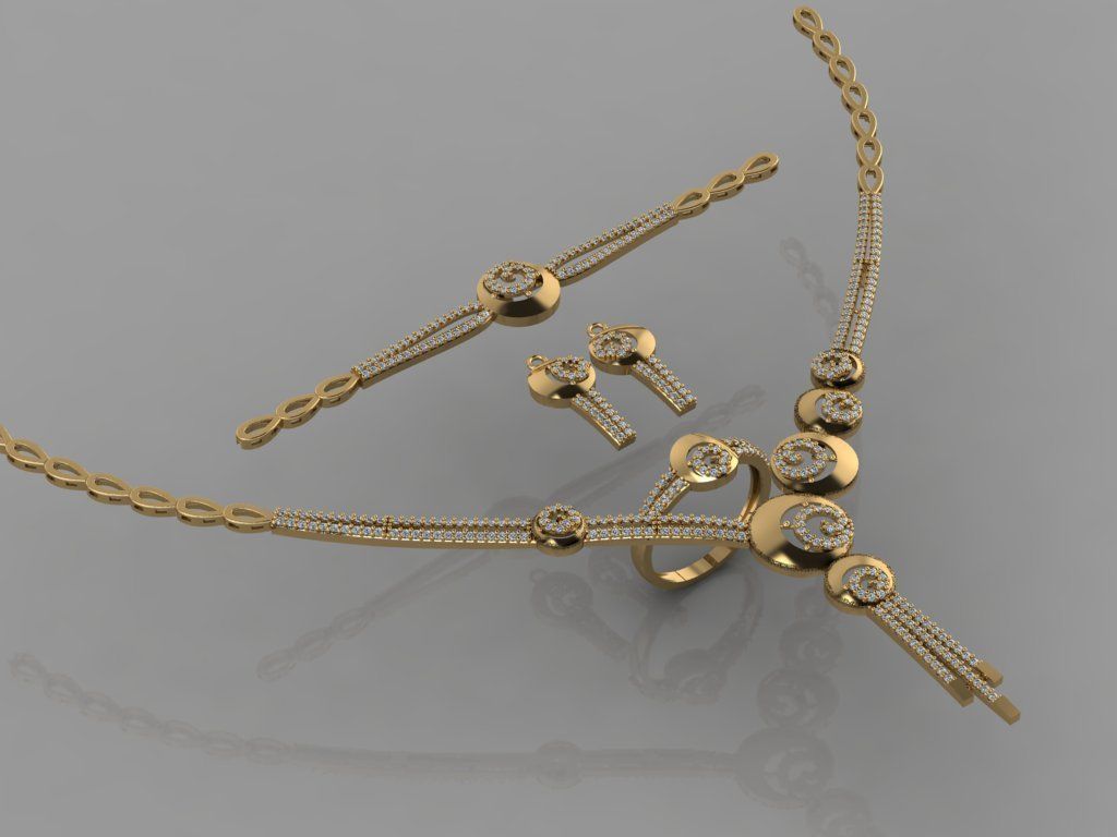 GC GOLD S0011 - Diamond necklace earring ring bracelet gold set 3D print model_1