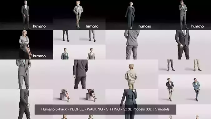 Humano 5-Pack - BUSINESS PEOPLE - WALKING SITTING - 5x 3D models