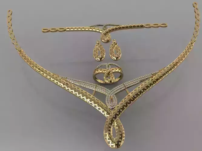 GC GOLD S0012 - Diamond necklace earring ring bracelet gold set