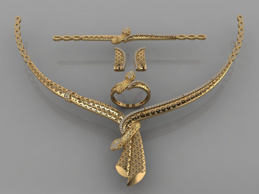 GC GOLD S0013 - Diamond necklace earring ring bracelet gold set 3D print model_1