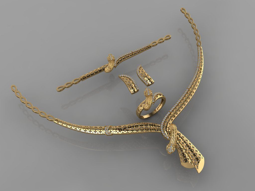 GC GOLD S0013 - Diamond necklace earring ring bracelet gold set 3D print model_2