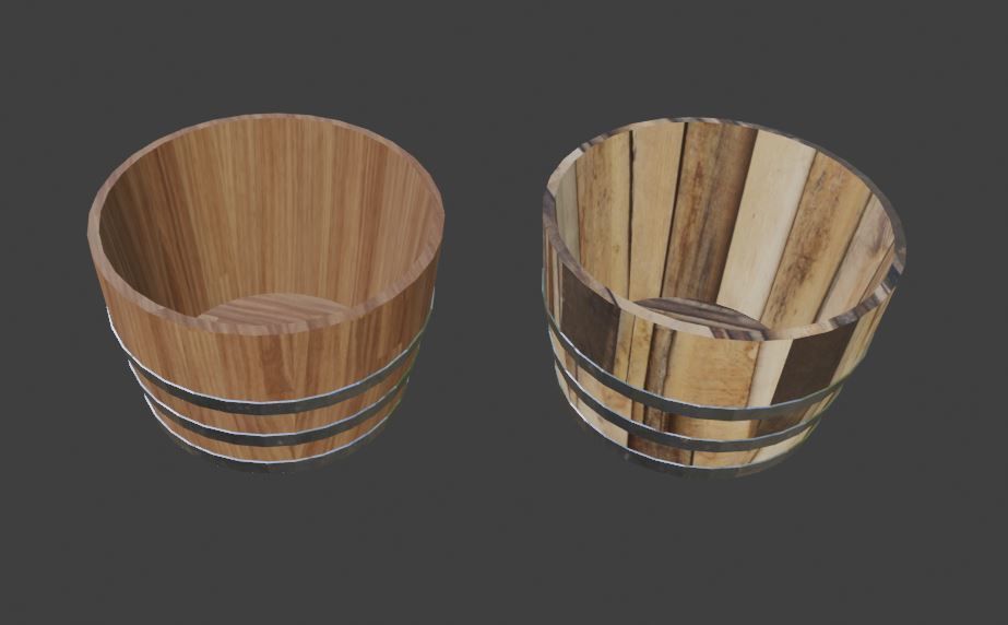 Wine Barrels and half barrel buckets Low-poly 3D model_4