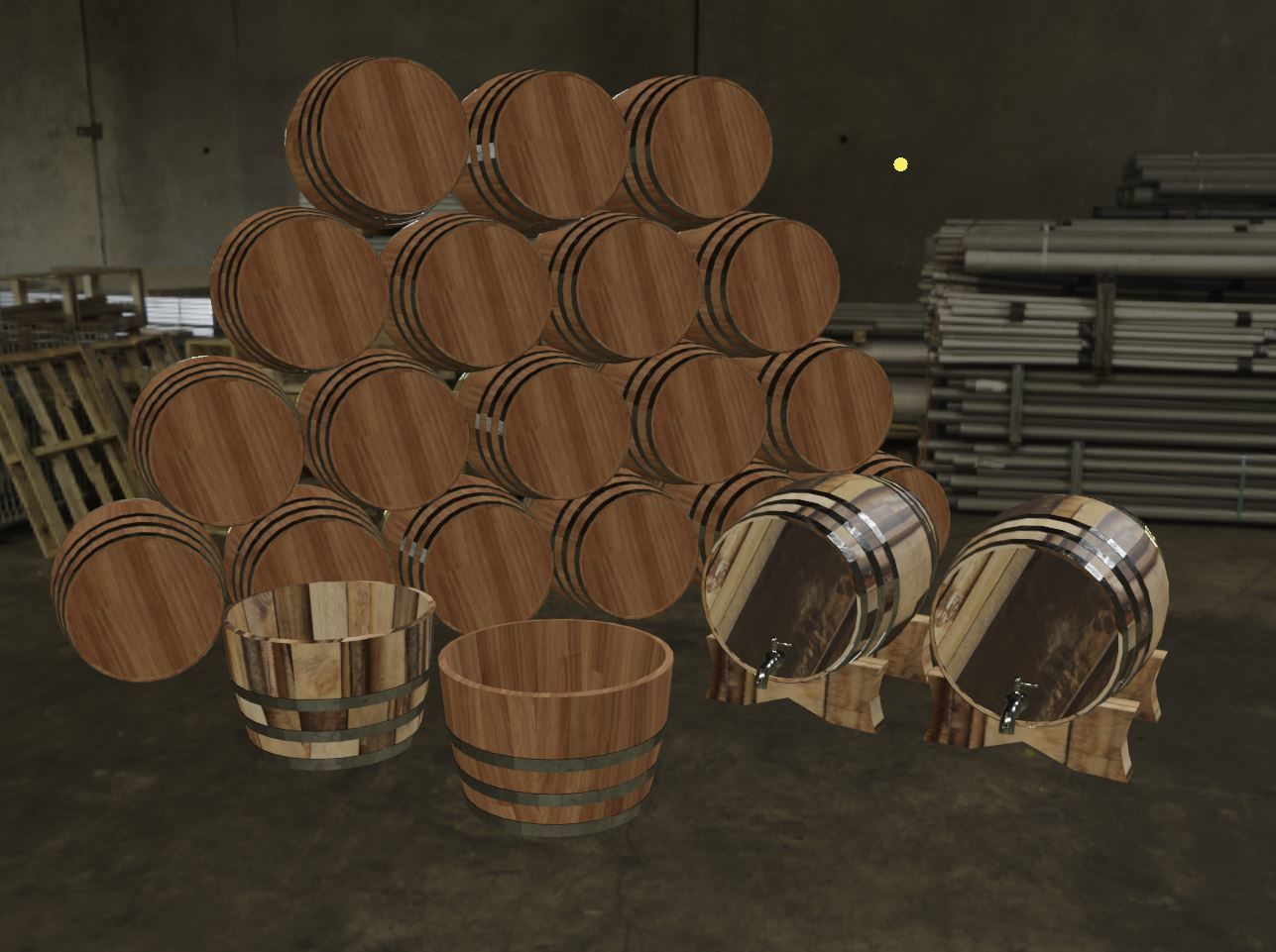 Wine Barrels and half barrel buckets Low-poly 3D model_5