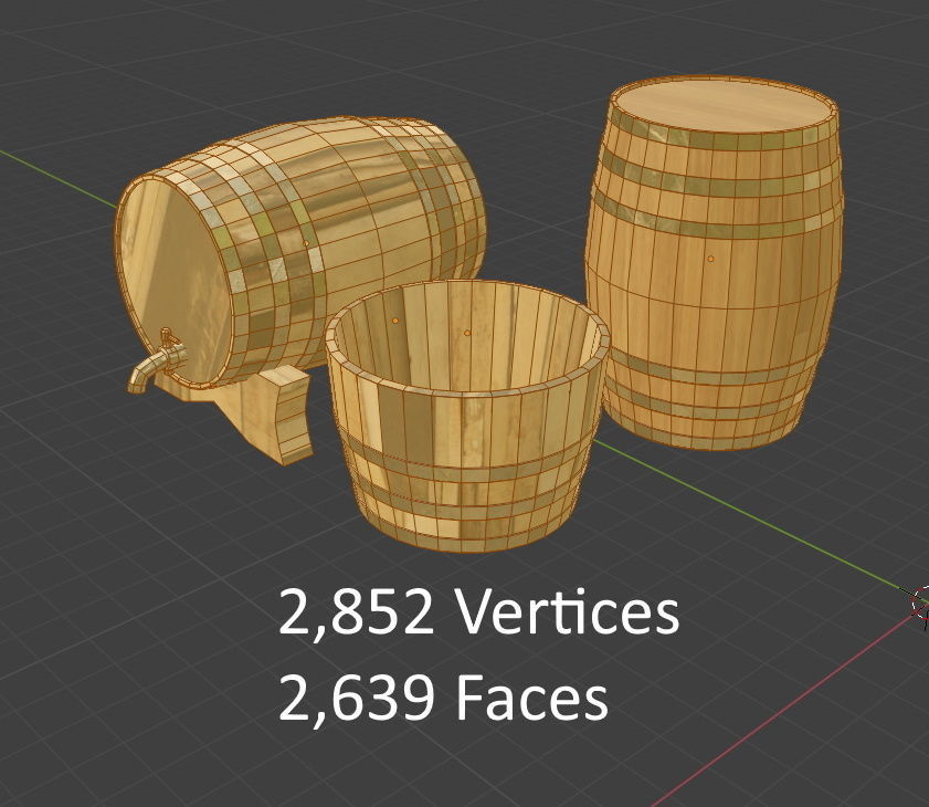 Wine Barrels and half barrel buckets Low-poly 3D model_1