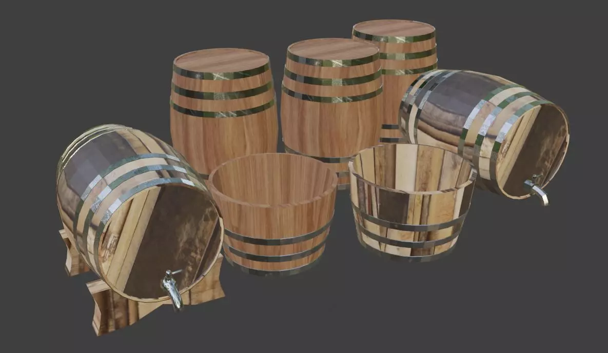 Wine Barrels and half barrel buckets Low-poly 3D model_0