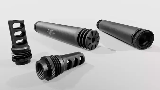 SilencerCo Harvester 338 Suppressor and ASR Muzzle Brake Low-poly 3D model
