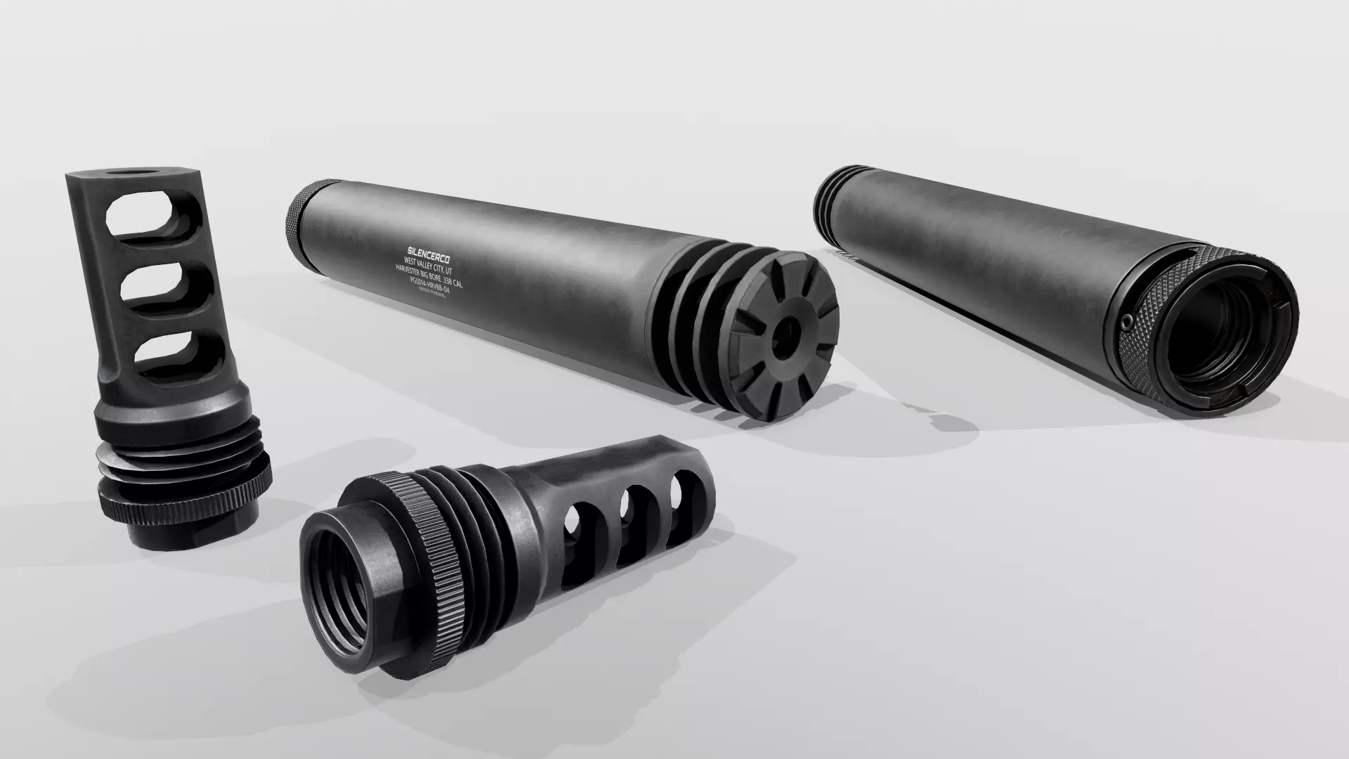 SilencerCo Harvester 338 Suppressor and ASR Muzzle Brake Low-poly 3D model_0