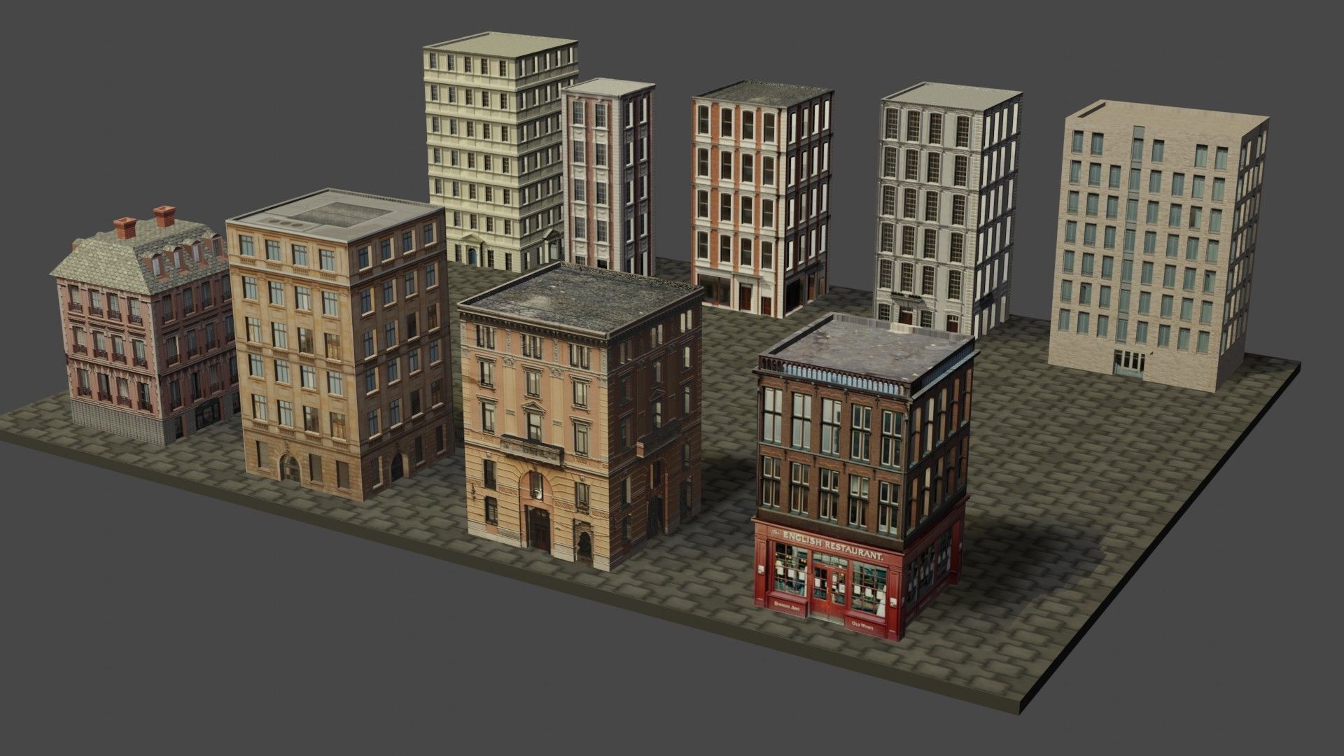 Buildings tall building on cobblestone street Low-poly 3D model_4