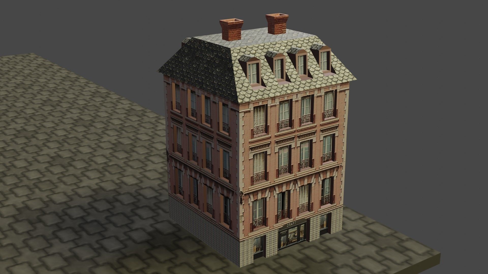 Buildings tall building on cobblestone street Low-poly 3D model_12