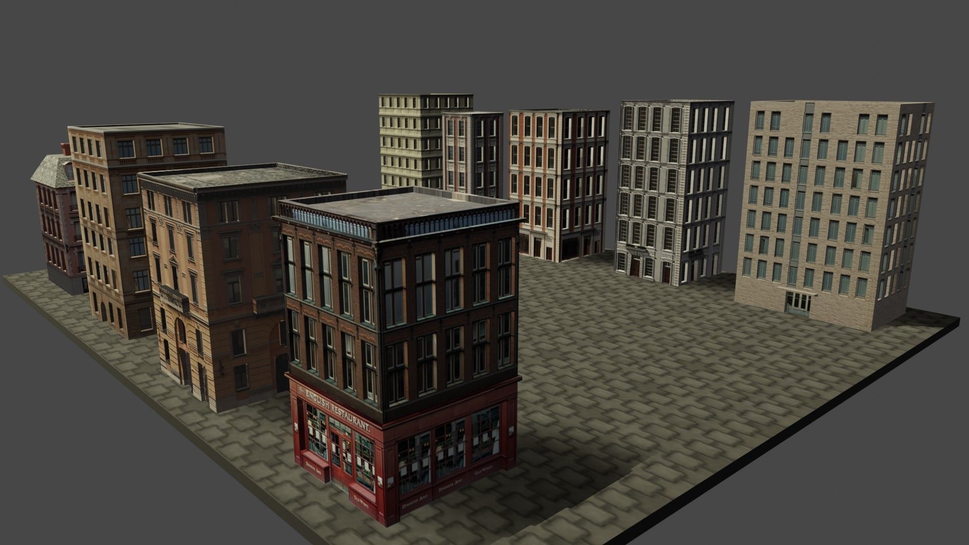 Buildings tall building on cobblestone street Low-poly 3D model_9