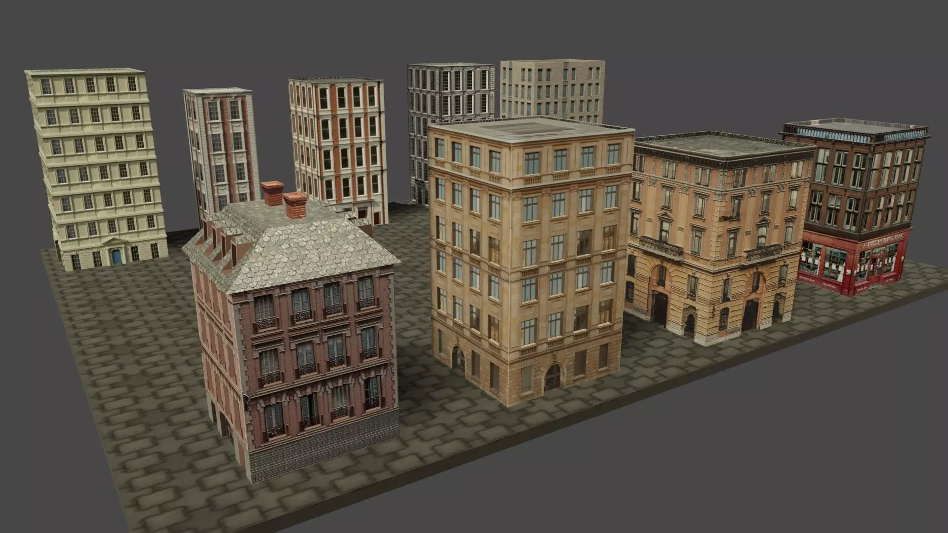 Buildings tall building on cobblestone street Low-poly 3D model_0