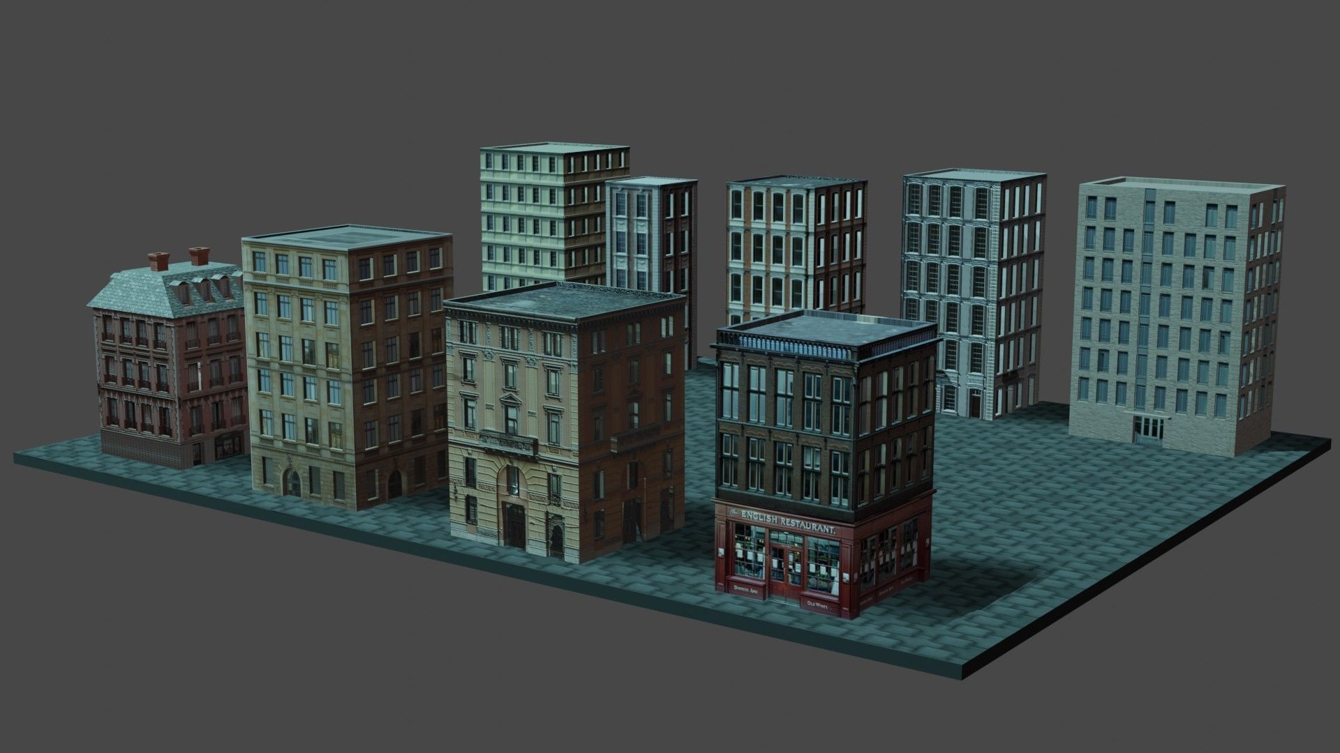 Buildings tall building on cobblestone street Low-poly 3D model_8