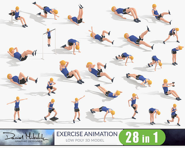 Exercise Animations Bundle Woman Low-poly 3D model