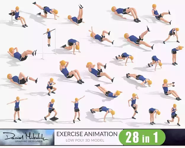 Exercise Animations Bundle Woman Low-poly 3D model