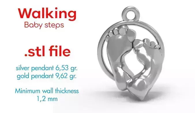 Charm in argento passi - walking - baby steps -  3D print model