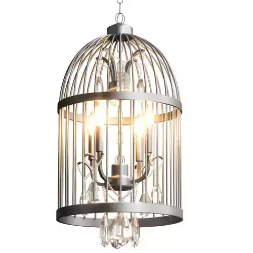 Beautiful bird cage chandelier with crystals hanging from it