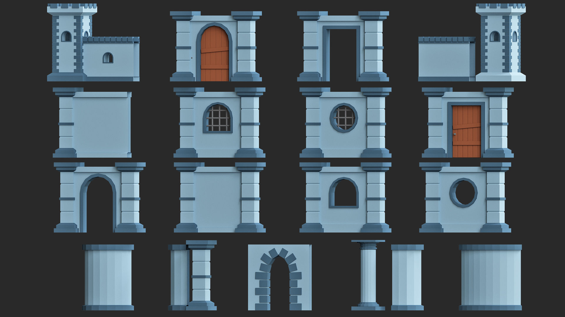 Cartoon modular walls pack low poly 3d model Low-poly 3D model_2