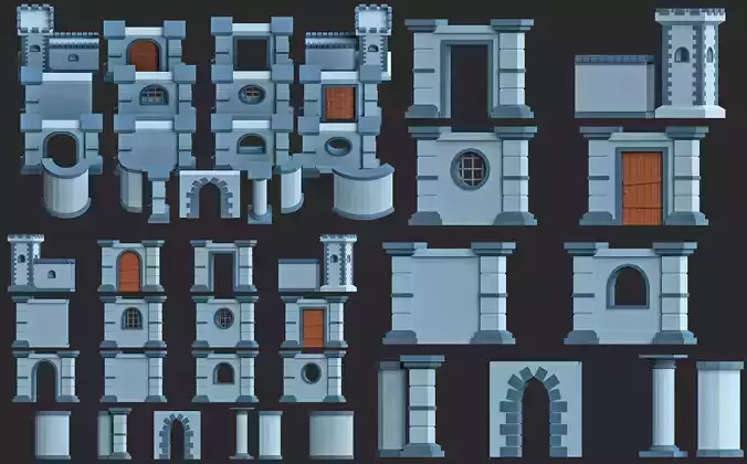 Cartoon modular walls pack low poly 3d model