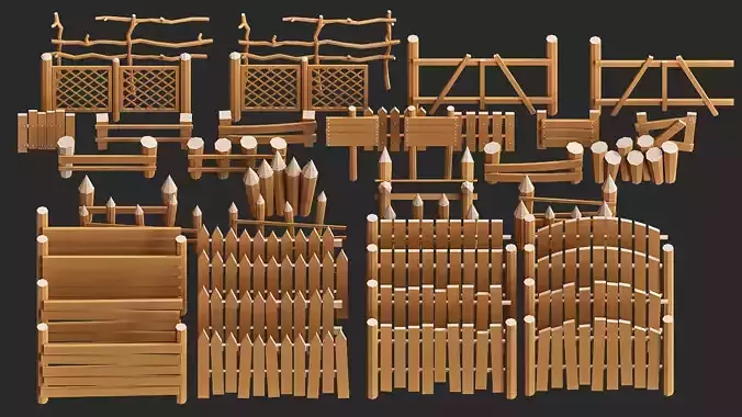 cartoon modular wooden fence low poly pack