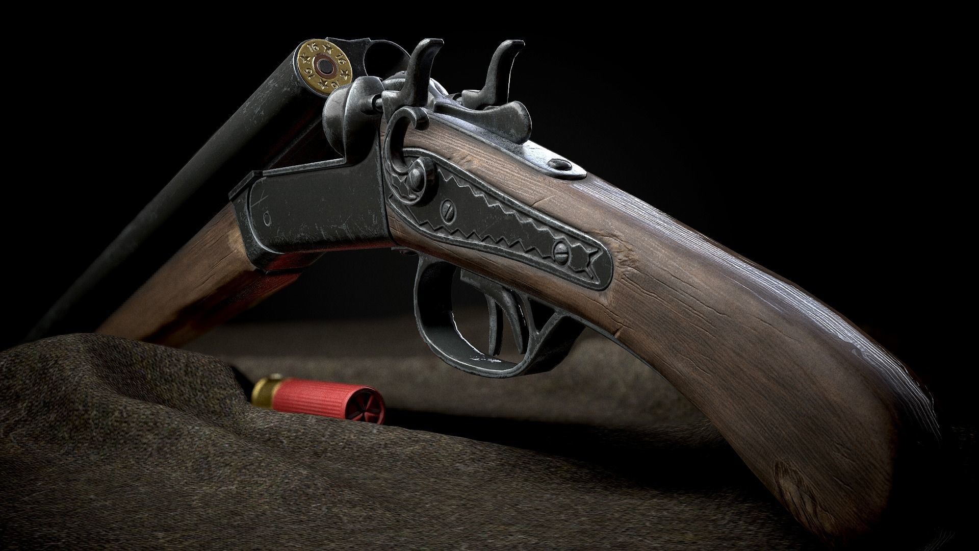 ShotGun two antique flintlock pistols Low-poly 3D model_3