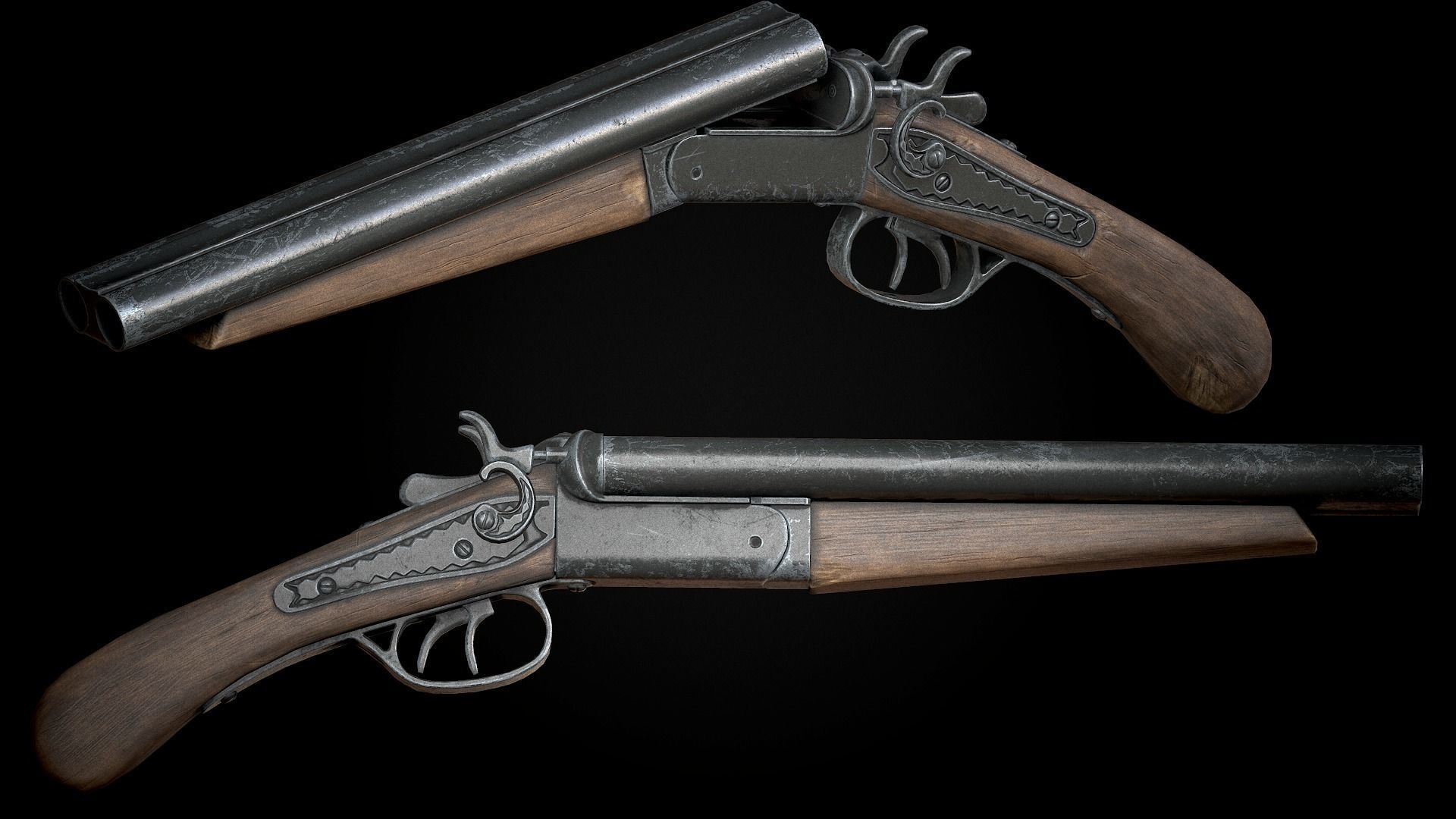 ShotGun two antique flintlock pistols Low-poly 3D model_4