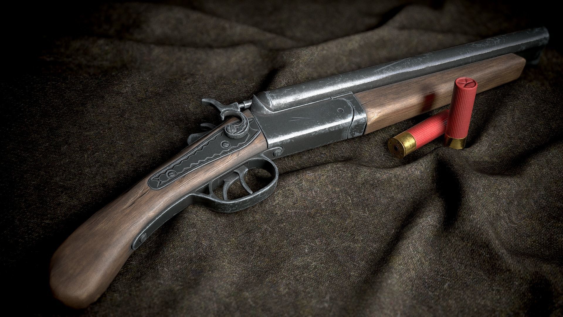 ShotGun two antique flintlock pistols Low-poly 3D model_2