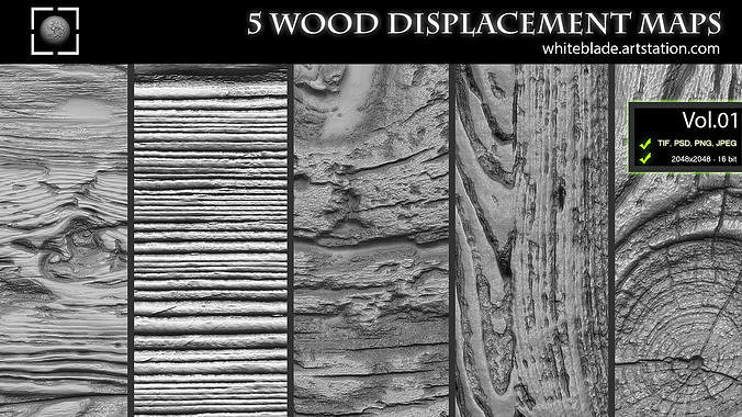 ZBrush Mudbox - 5 Wood Pattern Displacement Maps Alphas Vol 01 Texture