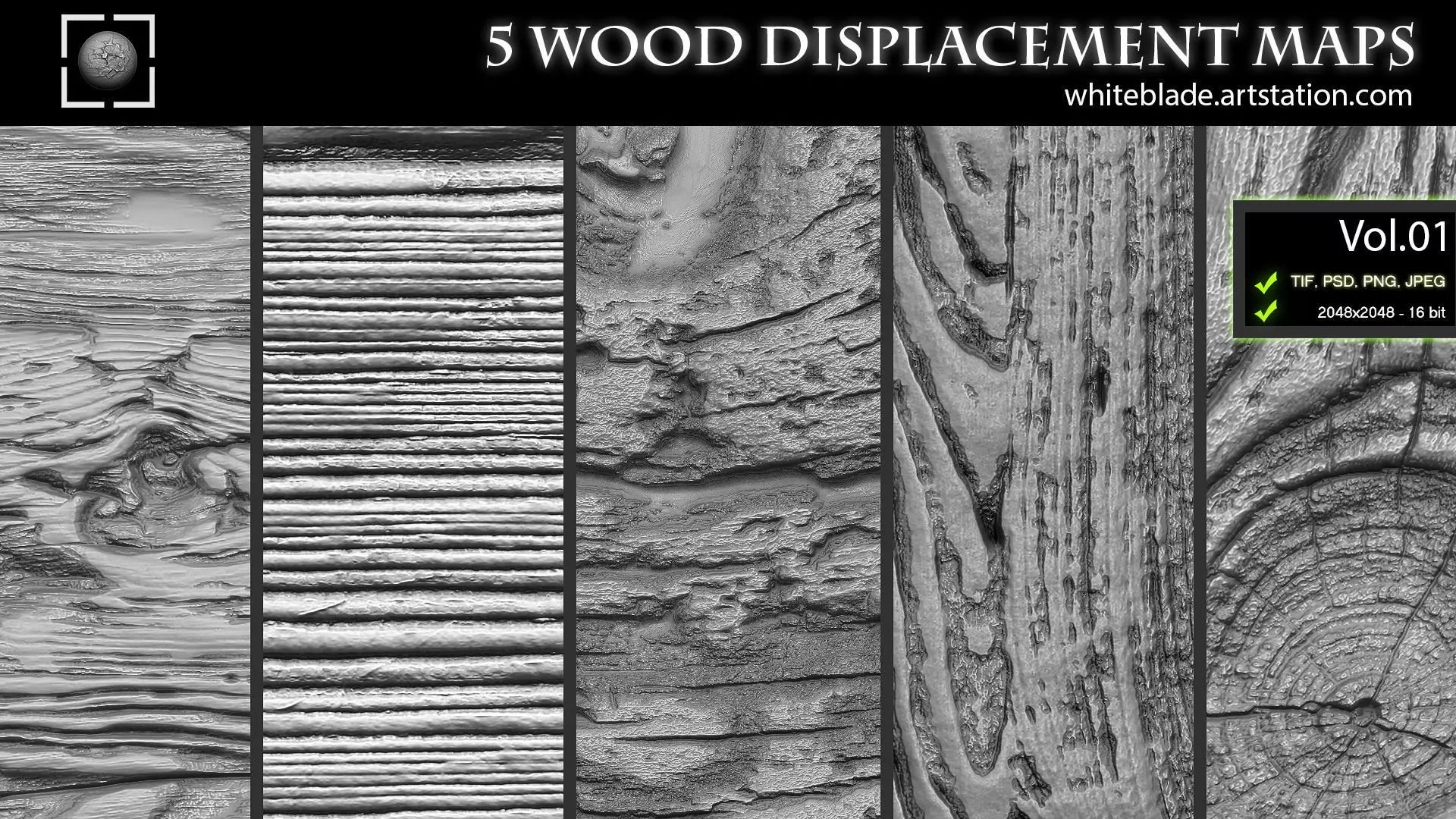 ZBrush Mudbox - 5 Wood Pattern Displacement Maps Alphas Vol 01 Texture