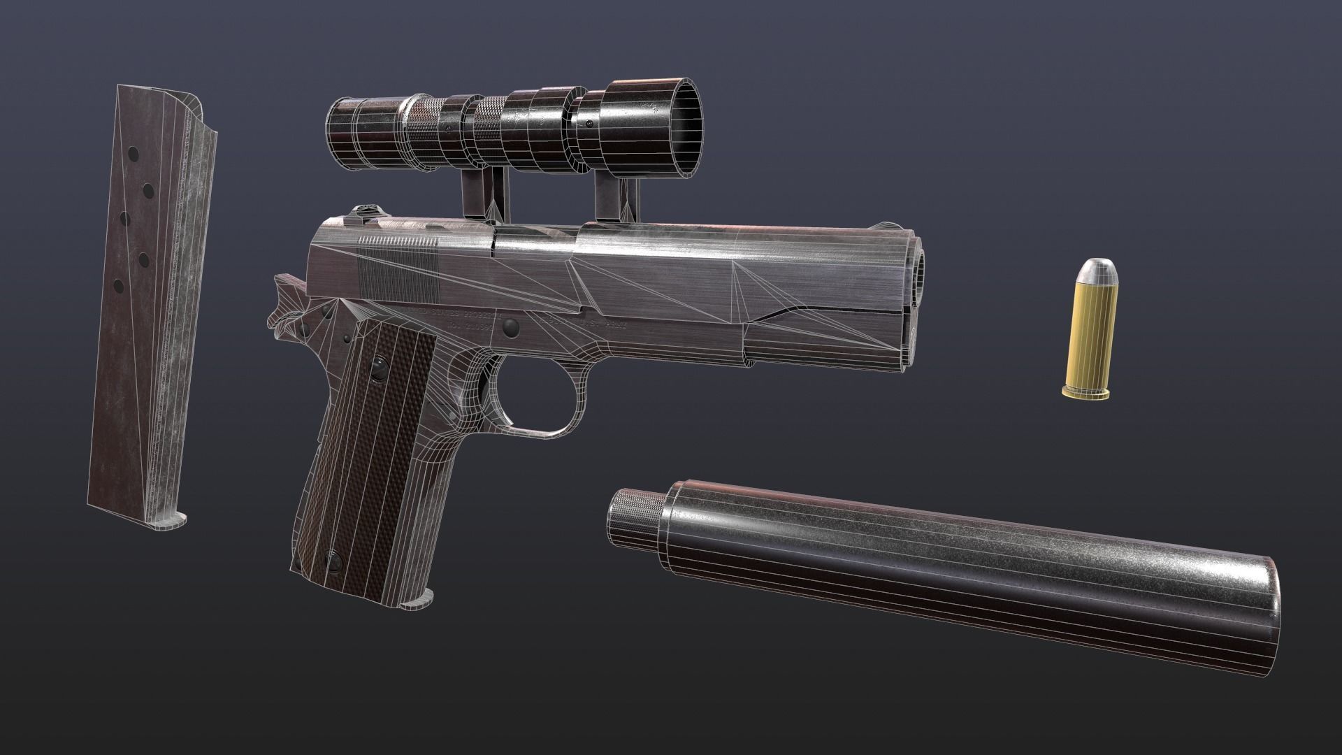 WW2 Colt M1911 Pistol With Attachments and Animations Low-poly 3D model_1