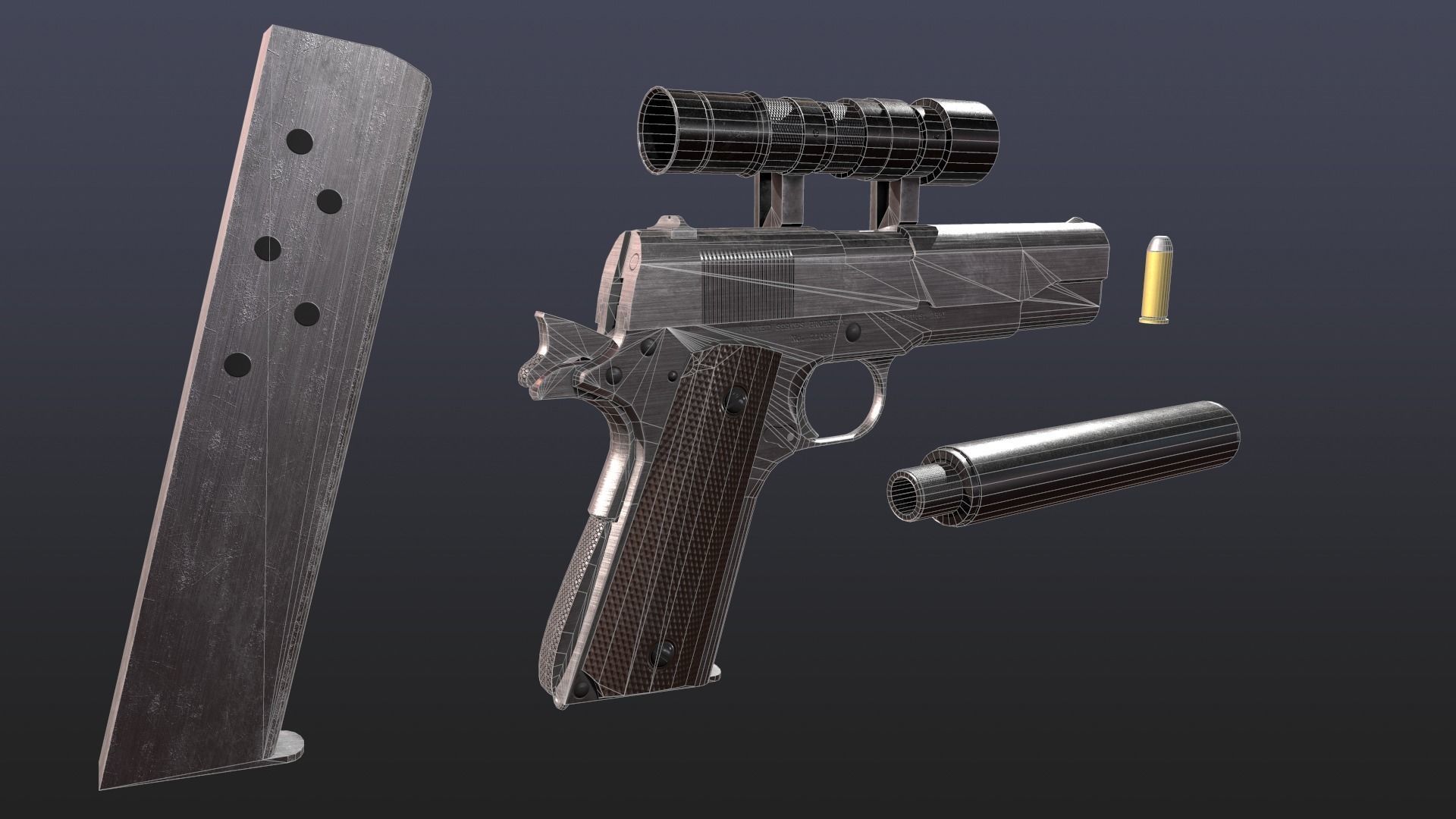 WW2 Colt M1911 Pistol With Attachments and Animations Low-poly 3D model_3