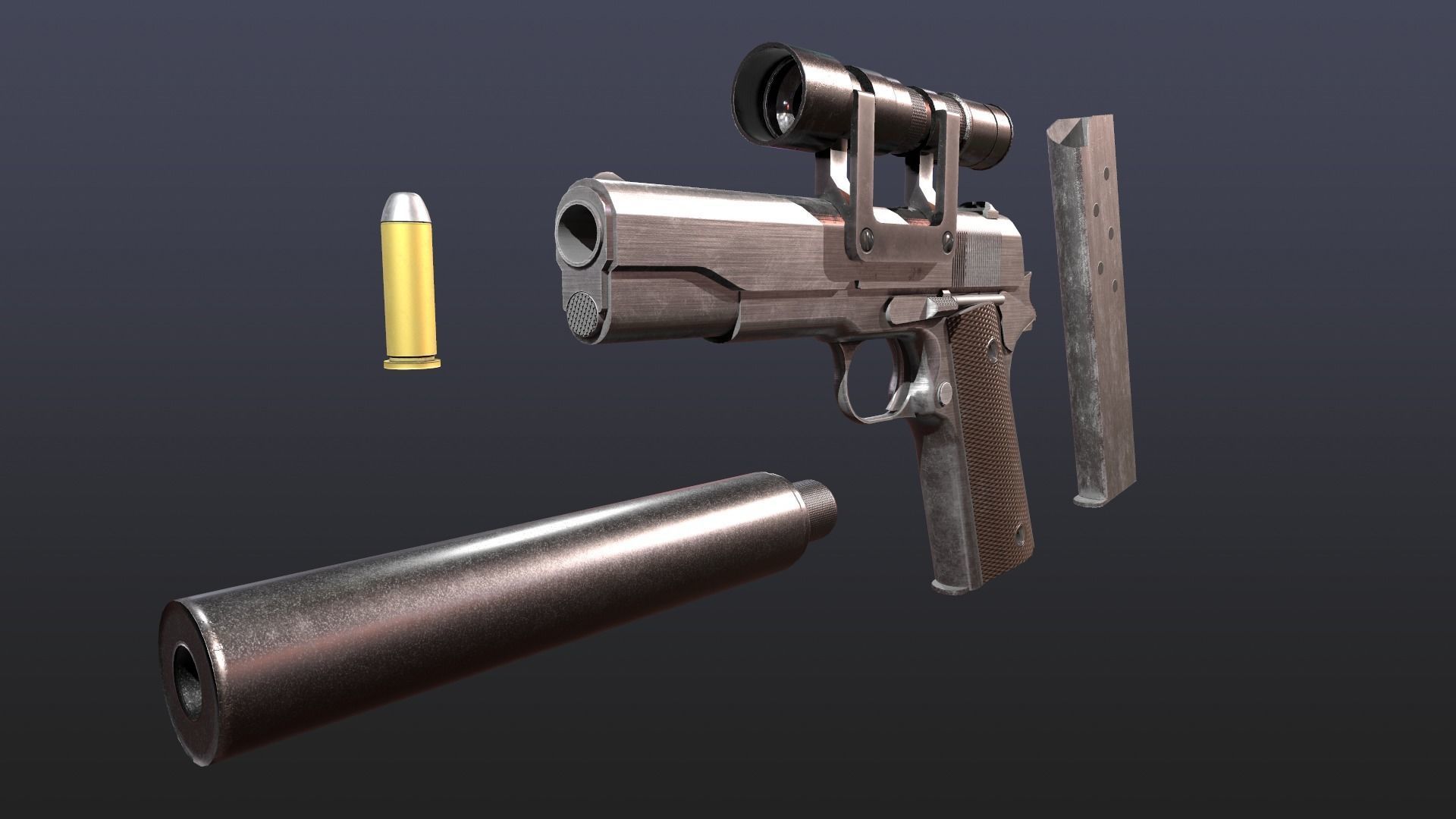 WW2 Colt M1911 Pistol With Attachments and Animations Low-poly 3D model_4