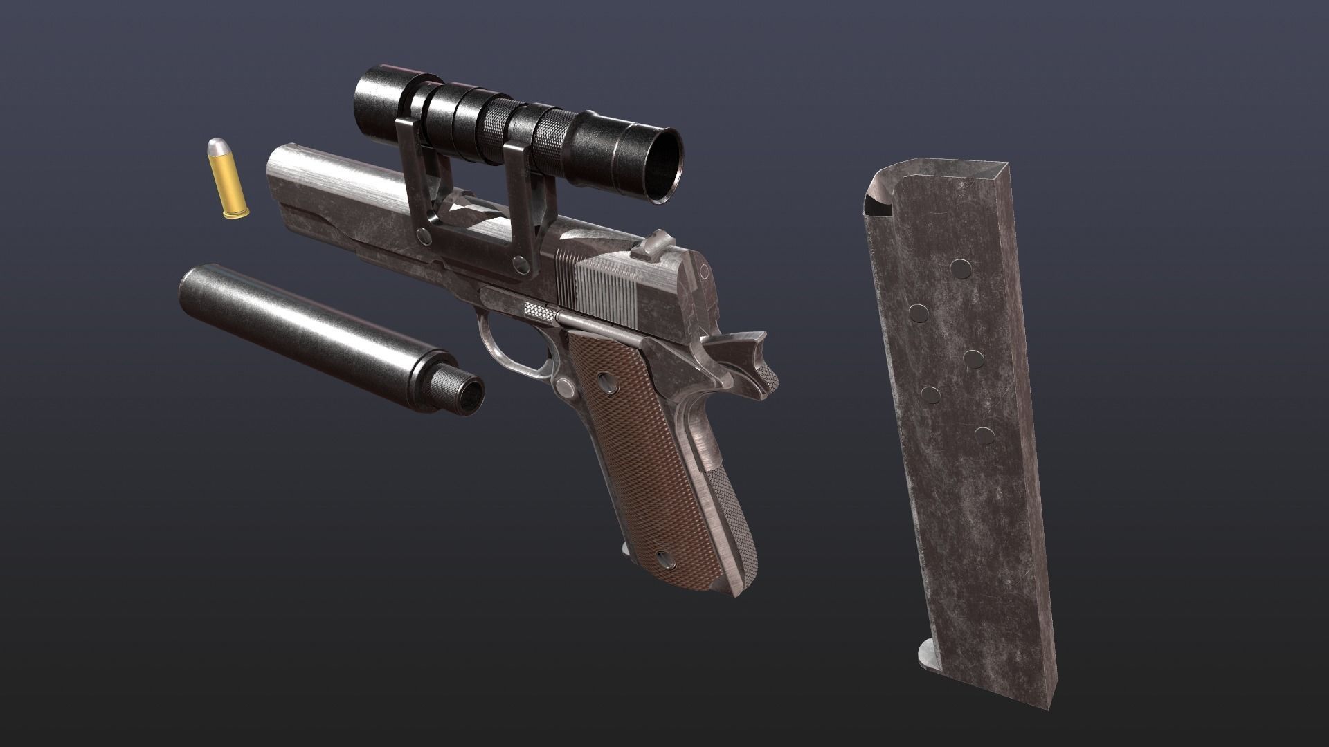 WW2 Colt M1911 Pistol With Attachments and Animations Low-poly 3D model_18