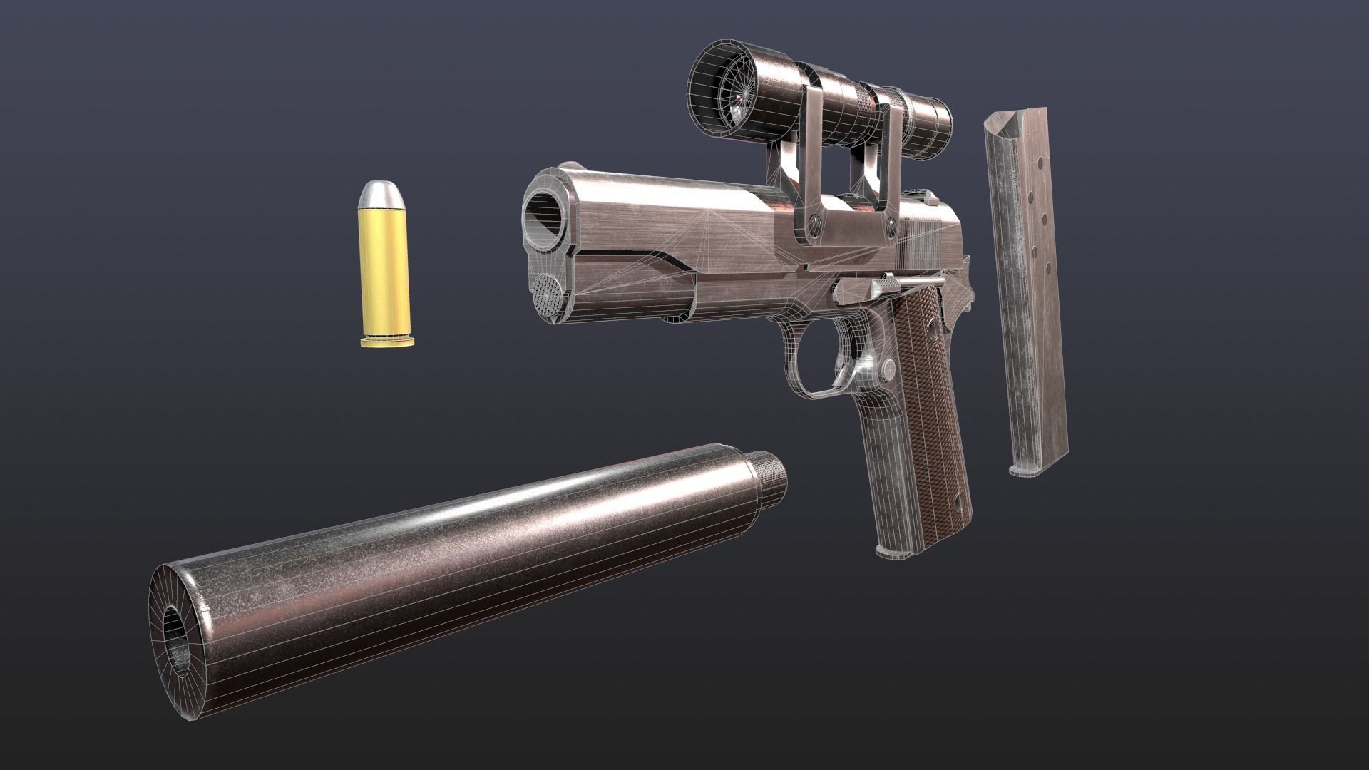 WW2 Colt M1911 Pistol With Attachments and Animations Low-poly 3D model_5