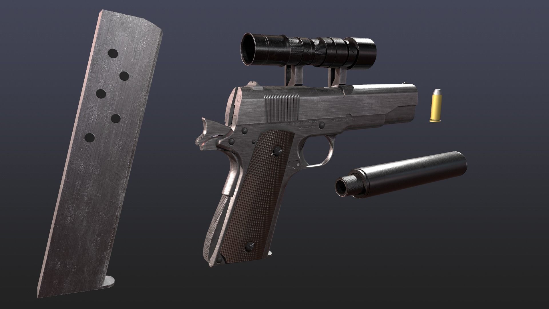 WW2 Colt M1911 Pistol With Attachments and Animations Low-poly 3D model_2