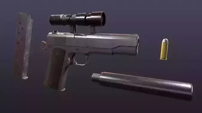 WW2 Colt M1911 Pistol With Attachments and Animations Low-poly 3D model