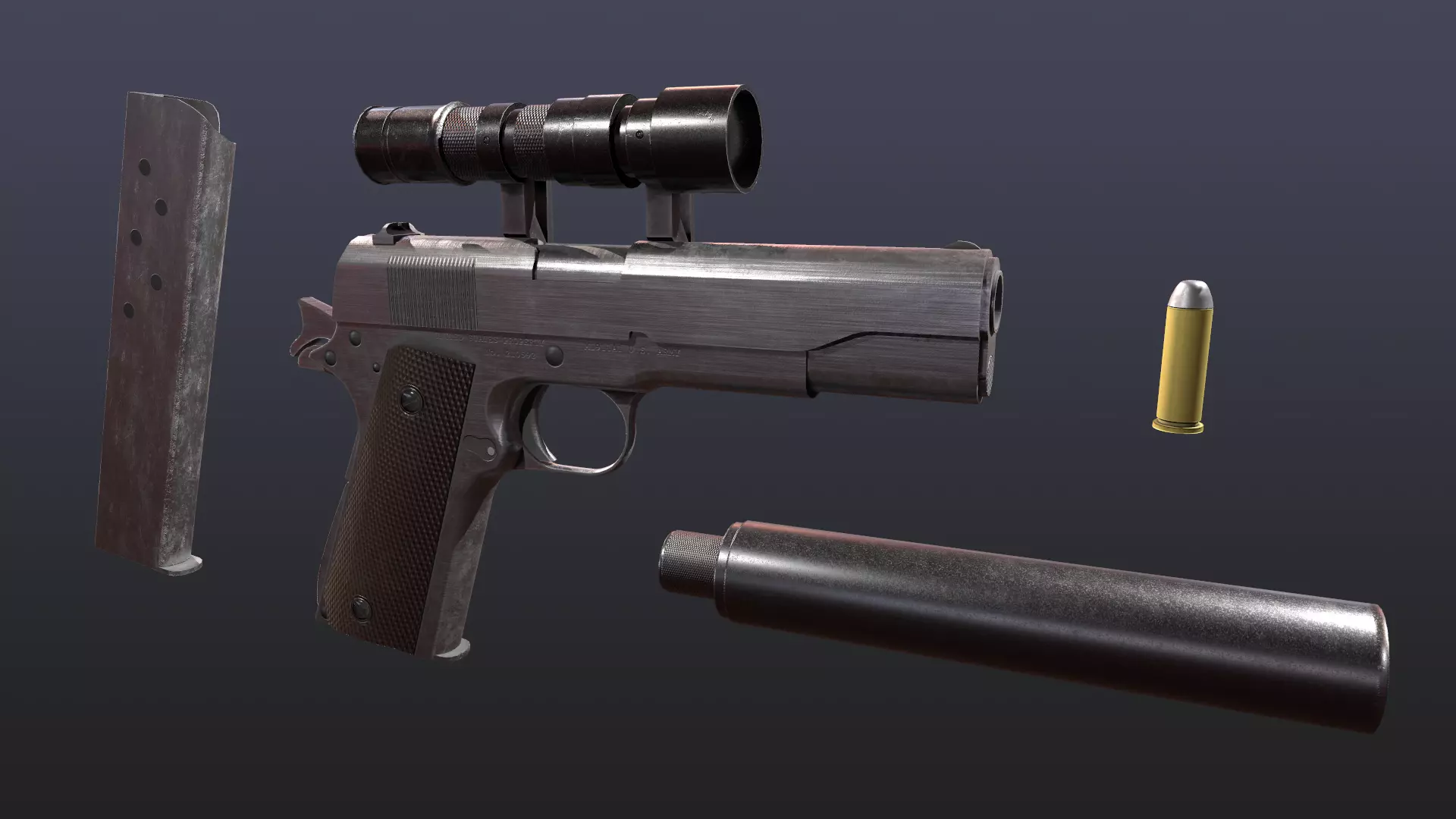 WW2 Colt M1911 Pistol With Attachments and Animations Low-poly 3D model_0