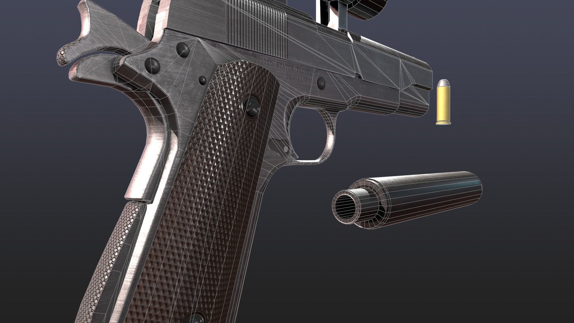 WW2 Colt M1911 Pistol With Attachments and Animations Low-poly 3D model_7