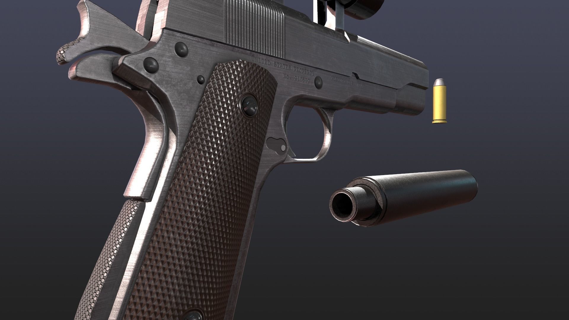 WW2 Colt M1911 Pistol With Attachments and Animations Low-poly 3D model_6