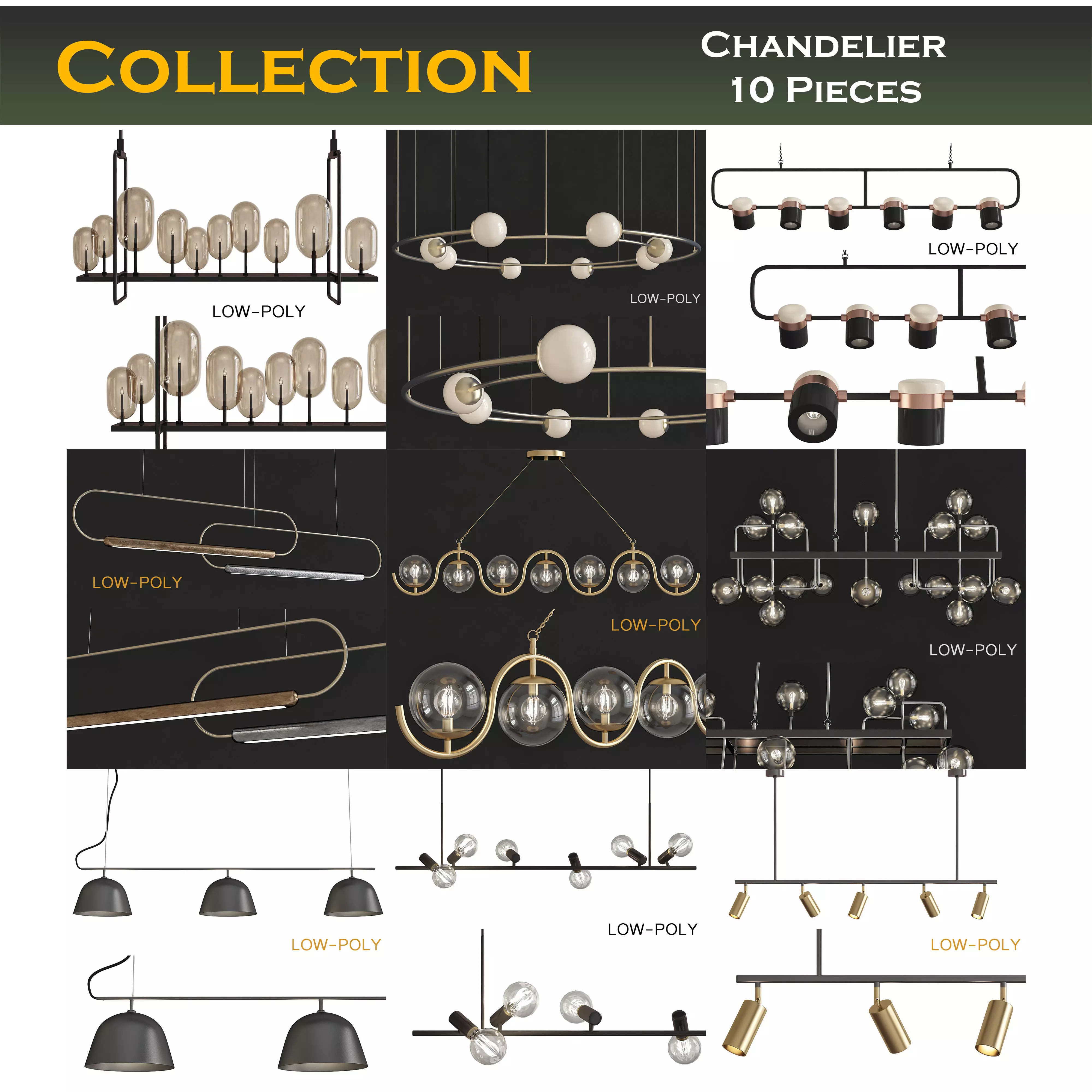 Chandelier collection low poly 3d model light fixture with th... Low-poly 3D model_0