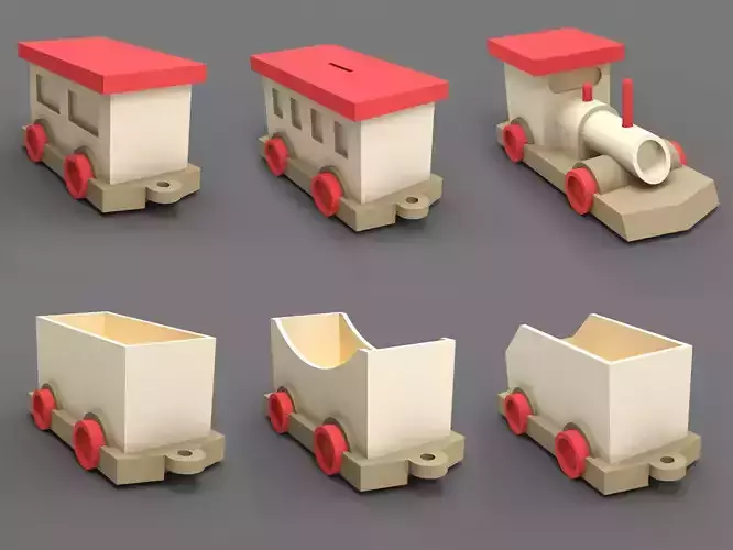 Wooden train toy piggy bank money box 3D model