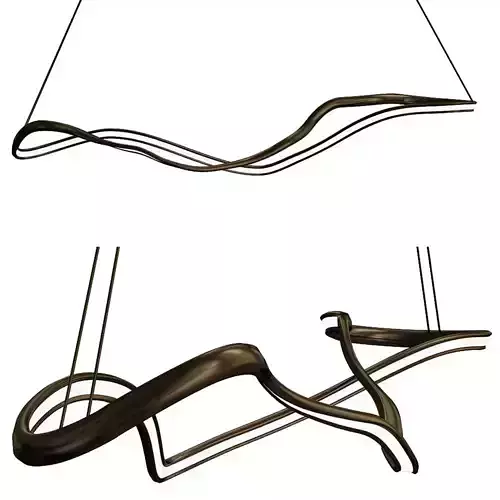 Sculptural metal sculpture with wavy shape hanging from it