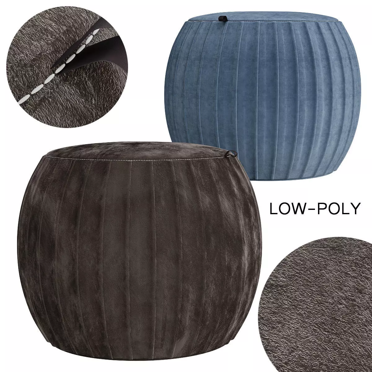 Velvet Pleated Round Pouf Ottoman low poly 3d model Low-poly 3D model_0